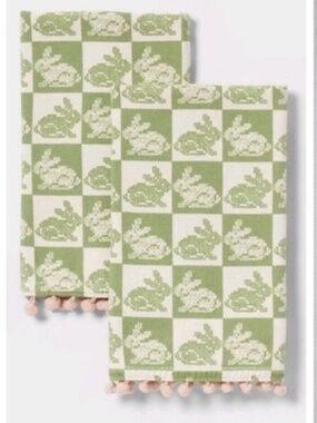 New Threshold Easter Bunny Green Check Print Pink Pom Pom Hand Towel 2 Pk 15x25